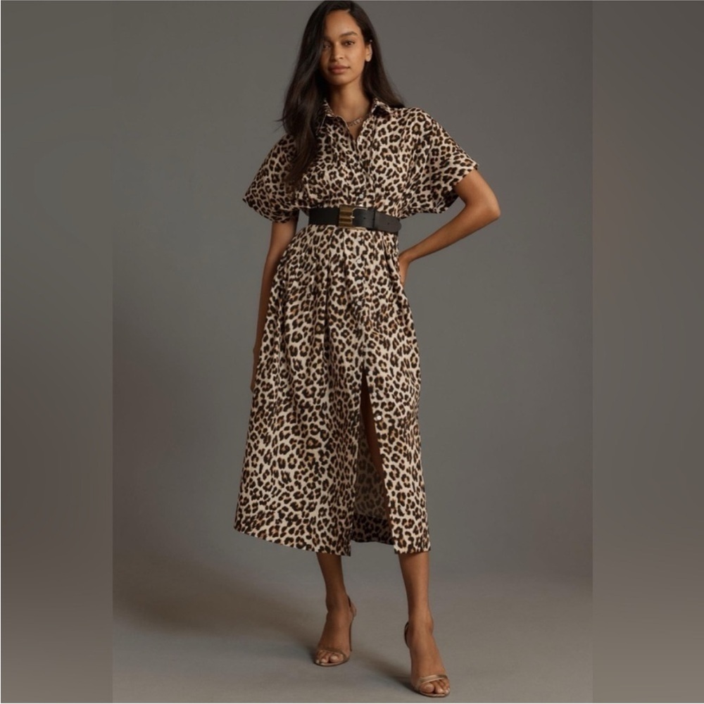 Anthropologie The Tobie Shirt Dress by Exquise Medium Neutral Motif Cheetah NWT